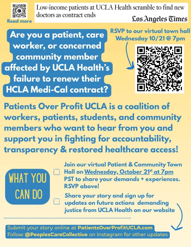 Town hall flier in English: join our virtual Patient and Community Town Hall, Wednesday October 21 at 7pm PST.
